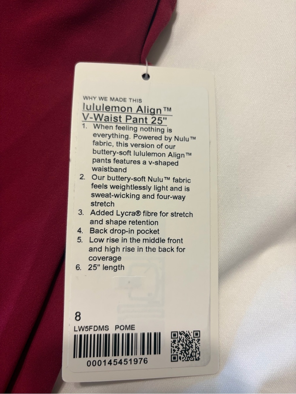 lululemon Align V-Waist Pant 25" in Pome (Deep Pink/Red)
